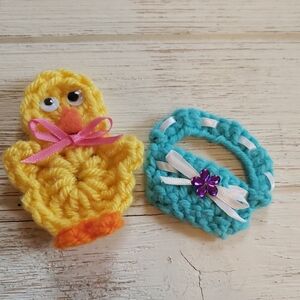 Handmade Crochet Easter Spring Magnets Yellow Chick And Blue Flower Basket